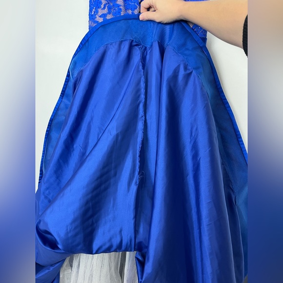 Jovani Blue Lace High Neck Lace Bodice Satin Long Dress Corset Back - Picture 9 of 16